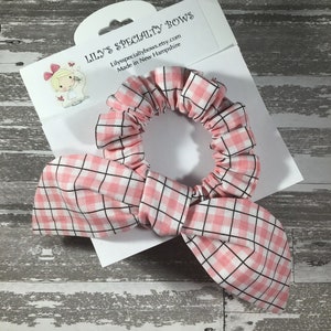 Pink Plaid Scrunchie, Bow Scrunchie, Top Knot Scrunchie, Bunny Ear Scrunchie