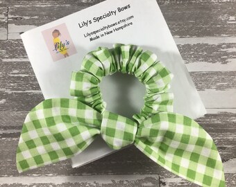 Green Gingham Scrunchie, Bow Scrunchie, Top Knot Scrunchie, Bunny Ears Scrunchie