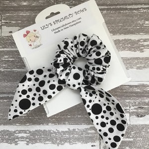 Scrunchie, Bow Scrunchie, Top Knot Scrunchie, Bunny Ear Scrunchie, White with Black Dots