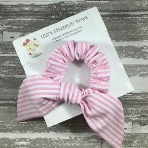 Pink & Blue Seersucker Scrunchie, Bow Scrunchie, Top Knot Scrunchie, Bunny Ear Scrunchie