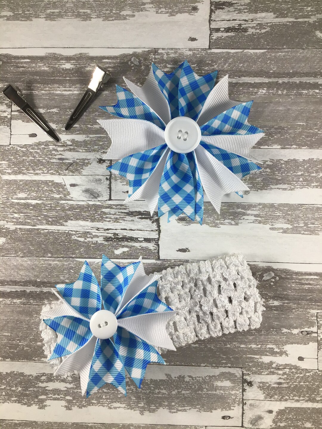 Blue Gingham Hair Bow, Blue Gingham Headband Etsy