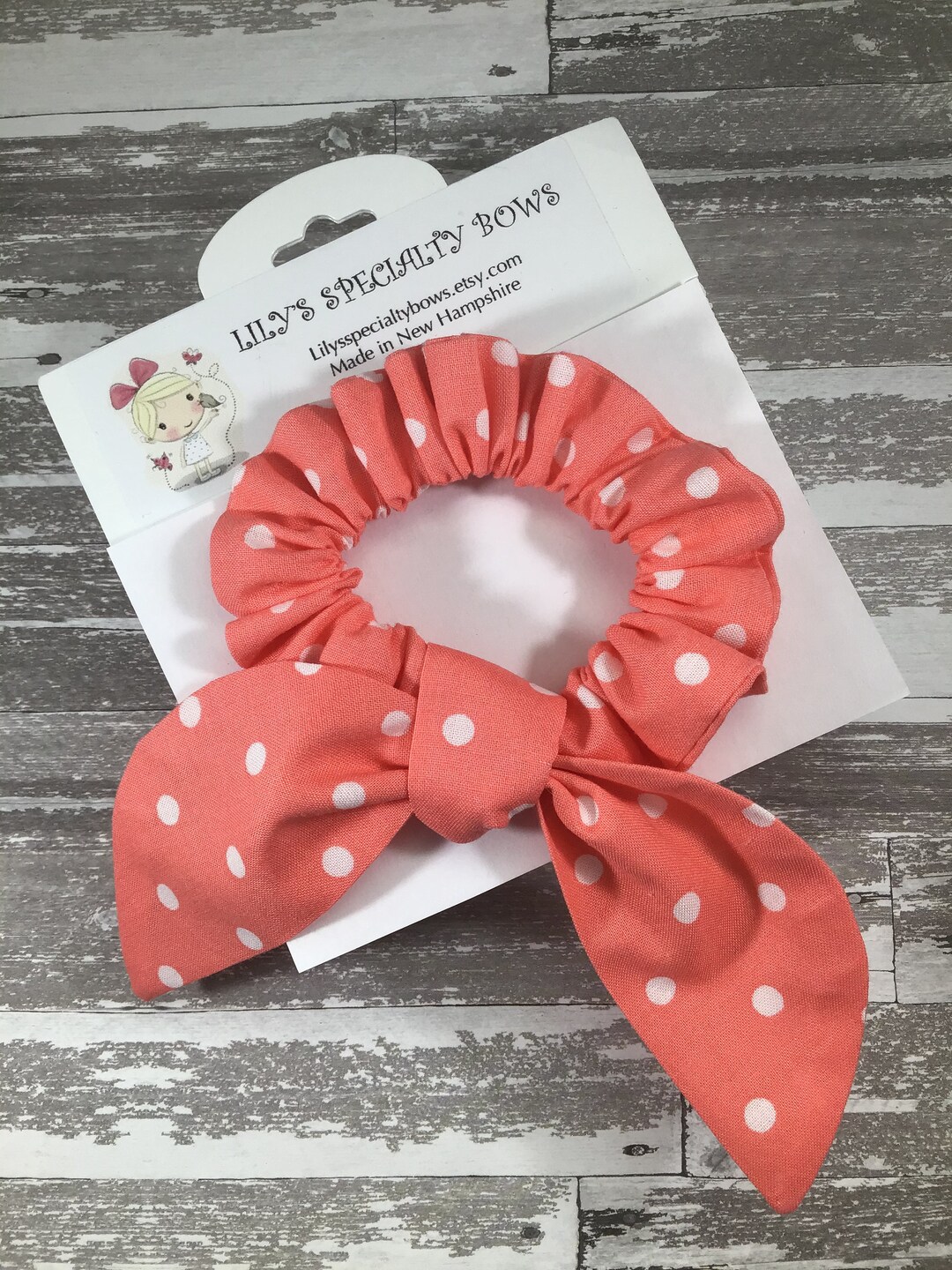 Pastel Polka Dots Scrunchie, Coral Scrunchie, Bow Scrunchie, Top Knot