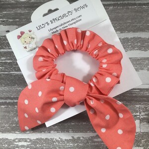 Pastel Polka Dots Scrunchie, Coral Scrunchie, Bow Scrunchie, Top Knot Scrunchie, Bunny Ear Scrunchie