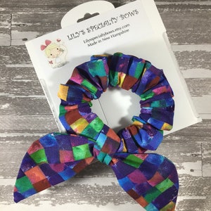 Scrunchie, Bow Scrunchie, Top Knot Scrunchie, Bunny Ear Scrunchie, Large Multi-Color Squares Scrunchie