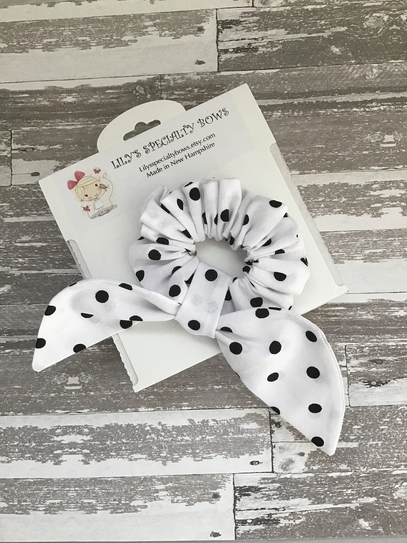 Scrunchie Bunny Ear Scrunchie Bow Scrunchie Top Knot Scrunchie White with Medium Black Dots