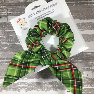 Green Plaid Scrunchie, Bow Scrunchie, Top Knot Scrunchie, Bunny Ear Scrunchie