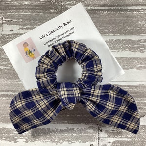 Blue Plaid Scrunchie, Bow Scrunchie, Top Knot Scrunchie, Bunny Ears Scrunchie