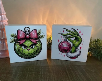 Grinch tabletop pink ornament design set of 2