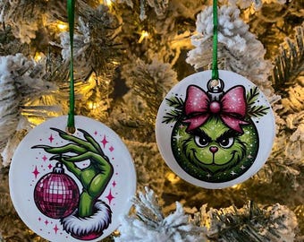 Grinch Ornament Set of 2 Handmade christmas tree ornament pink