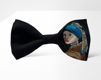 Girl with a pearl earring bow tie with embroidery, Art bow tie, Vermeer gift idea, Creative bow tie, Bow tie for art lover, Black bow tie