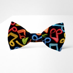 Music notes neon bow tie, Black bow tie, Cotton bow tie, Adult bow tie, Music gift idea, Funny bow tie, Musician gift, Music pattern bow tie