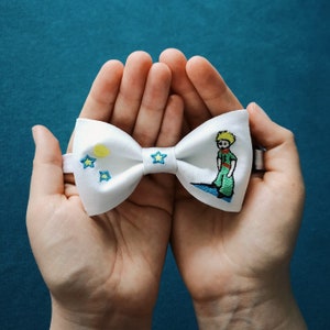 Little prince bow tie with embroidery, Art bow tie, Little prince gift idea, Creative bow tie, Bow tie for art lover, White bow tie, Men bow