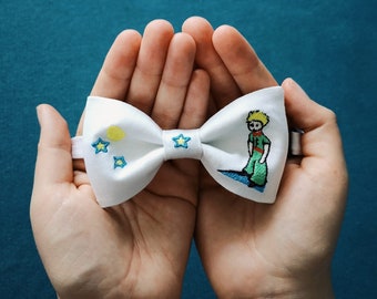 Little prince bow tie with embroidery, Art bow tie, Little prince gift idea, Creative bow tie, Bow tie for art lover, White bow tie, Men bow
