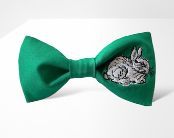 Rabbit bow tie with embroidery, Art bow tie, Rabbit gift idea, Creative bow tie, Bow tie for pets lover, Green bow tie, Animal bow