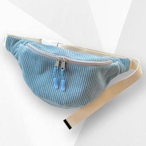 Riñonera de pana azul claro con bolsillo, Riñonera para festival, Riñonera para paseo, Riñonera de viaje