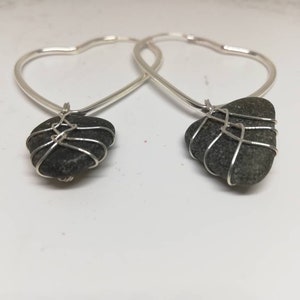 Heart Shaped Hoops With Wire Wrapped Dark Green Seaglass Drops