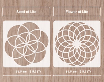 May include: Two white stencils, one with the Seed of Life pattern and the other with the Flower of Life pattern. Both stencils are 14.5 inches in diameter.