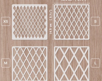May include: Four white diamond grid stencils in different sizes: XS, S, M, and L. Each stencil measures 14.5 inches by 14.5 inches.