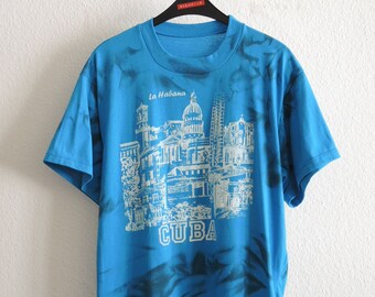 Vintage Tourist T-Shirt M/L Blue Black White Cuba Habana Print Cotton