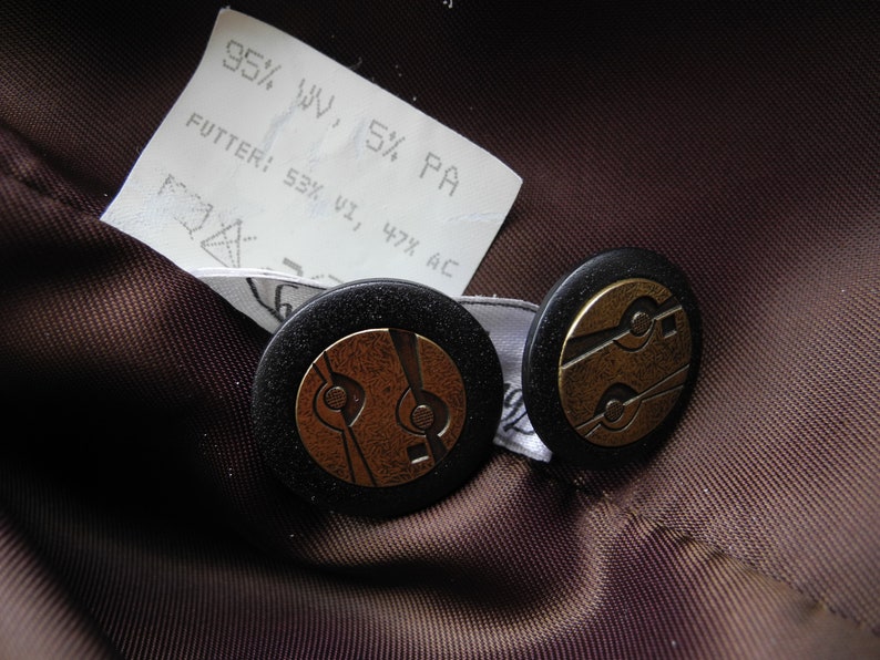 AZ Model Avantgarde Vintage Loden Coat ML Black Brown Checked Trimming Cubism Gold Buttons Made in Germany Jacket