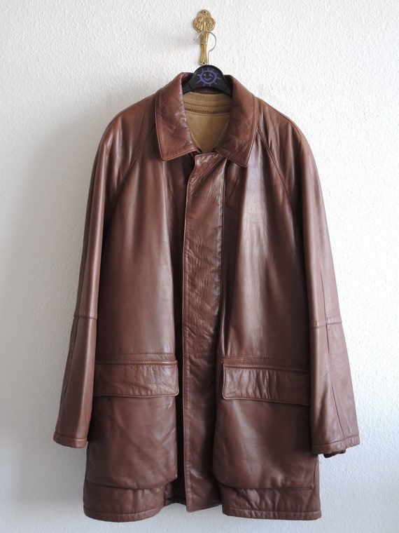 Hugo Boss 2 in 1 Vintage 90s Leather Parka Jacket L XL Tobacco
