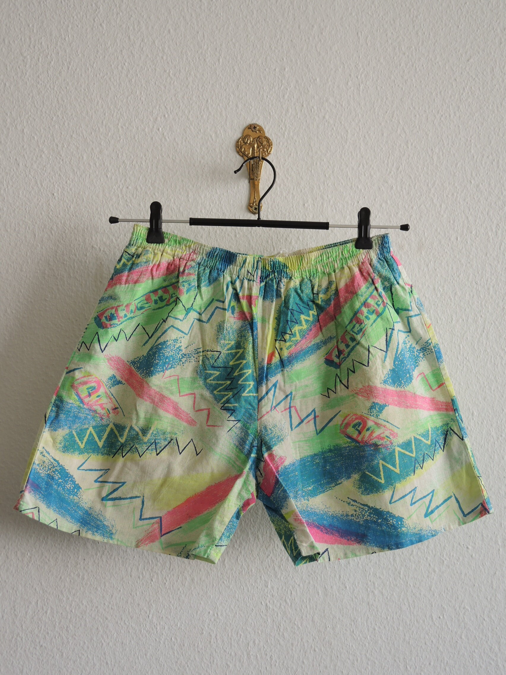 80s Vintage Swimming Trunks Shorts L/XL Green Pink Blue Neon