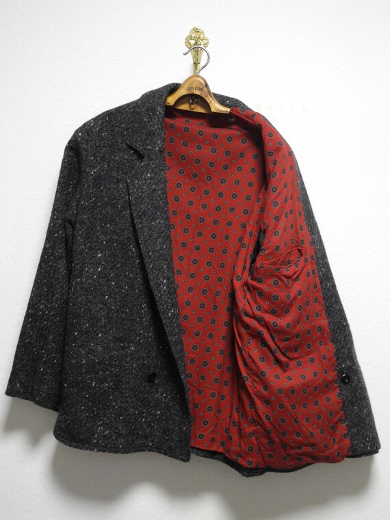 80s vintage jacket M/L gray wool melange red pais… - image 8