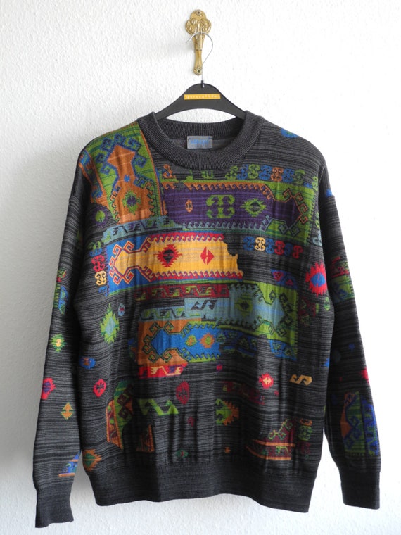 unkrautshop Kenzo Homme Vintage 80s/90s Heavy Sweater L/XL Grey Colorful Ethnic Intarsia Wool Made in Germany by Falke