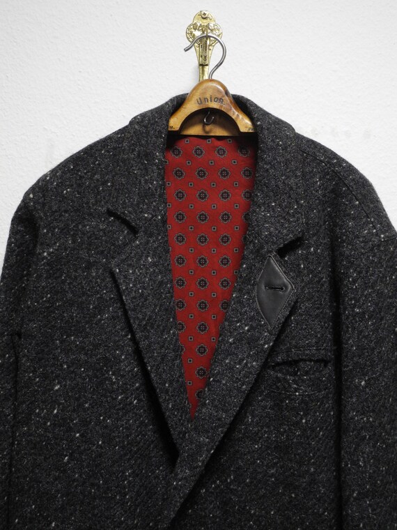 80s vintage jacket M/L gray wool melange red pais… - image 5