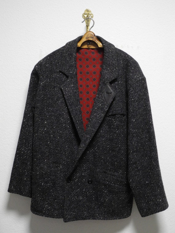 80s vintage jacket M/L gray wool melange red pais… - image 1