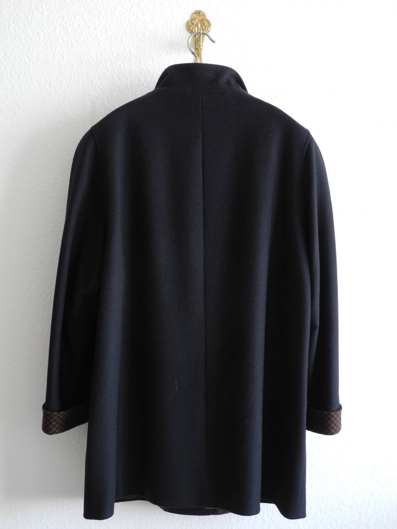 AZ Model Avantgarde Vintage Loden Coat ML Black Brown Checked Trimming Cubism Gold Buttons Made in Germany Jacket
