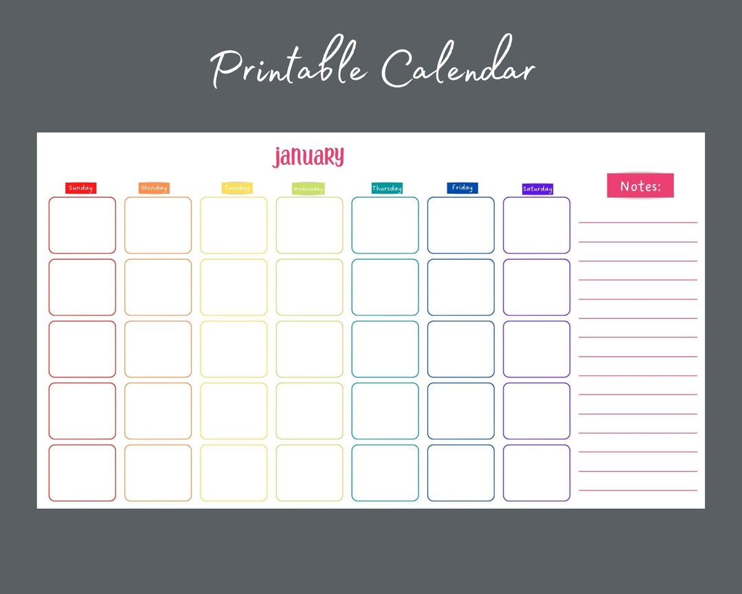 Printable Monthly Calendar Blank Planner Rainbow Yearly Planner