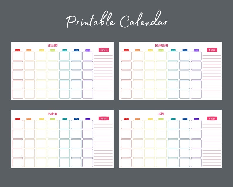 Printable Monthly Calendar | Blank Planner | Rainbow | Yearly Planner ...