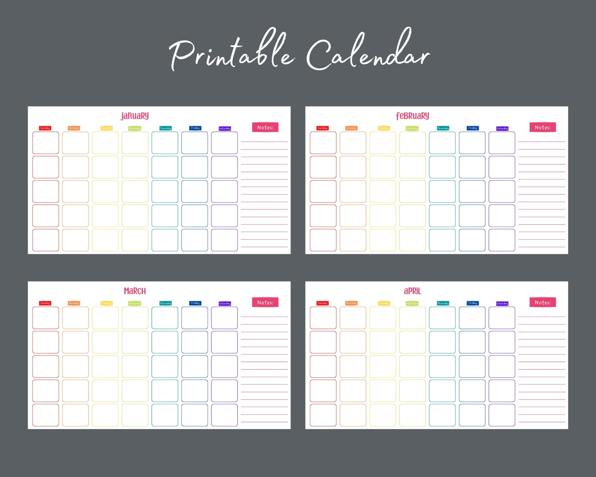 Printable Monthly Calendar Blank Planner Rainbow Yearly Planner Yearly Calendar - Etsy printable-monthly-calendar-blank-planner-rainbow-yearly-planner-yearly-calendar-etsy