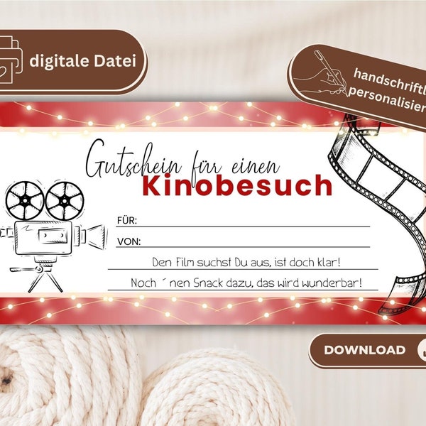 Kino Gutschein | Kinogutschein digital | Geschenkgutschein Vorlage | personalisierter Gutschein zum Drucken |Kino Einladung personalisierbar