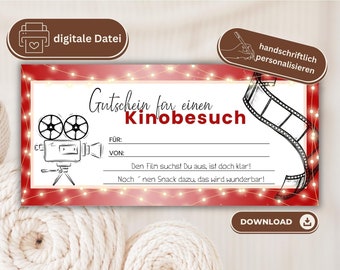 Kino Gutschein | Kinogutschein digital | Geschenkgutschein Vorlage | personalisierter Gutschein zum Drucken |Kino Einladung personalisierbar