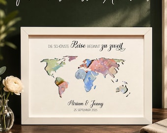 Personalized wedding gift with world map | Money gift for travel lovers | Image with the names of the bride and groom