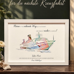 Puede incluir: Un marco blanco con una ilustraci&oacute;n colorida de un crucero en estilo acuarela. El texto dice: Reisen ist der sch&ouml;nste Weg Geld auszugeben und dennoch reicher zu werden! Lieber Horst. Wir w&uuml;nschen dir von Herzen alles Gute zu deinem Geburtstag! Deine Skatkollegen.