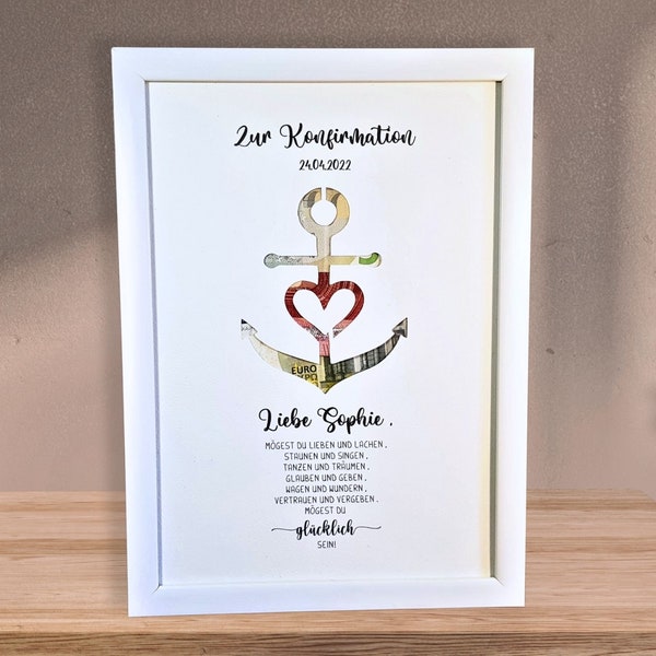 Personalisiertes Geldgeschenk Konfirmation - Konfirmationsgeschenk für Mädchen & Jungen - Bilderrahmen Andenken - Geschenk Anker - Wanddeko