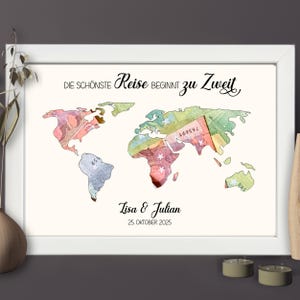 personalisiertes Hochzeitsgeschenk | Geldgeschenk zur Hochzeit für Reiseliebhaber | Geld Verpackung mit Namen des Brautpaars | Bilderrahmen