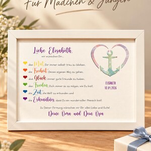 May include: A white framed print featuring the text Liebe Elisabeth, a list of wishes with colorful heart icons, and a watercolor anchor inside a heart shape. The text includes the name Elisabeth and the date 18.04.2026 in purple ink.