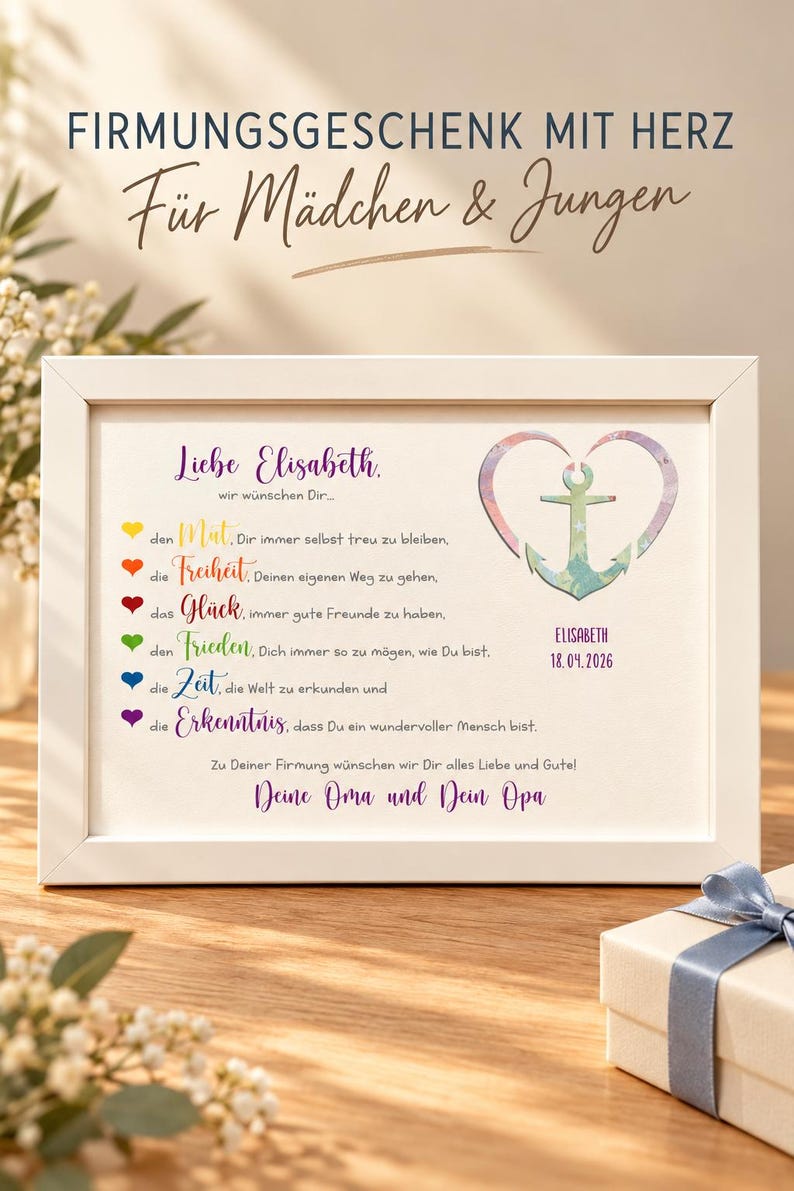 May include: A white framed print featuring the text Liebe Elisabeth, a list of wishes with colorful heart icons, and a watercolor anchor inside a heart shape. The text includes the name Elisabeth and the date 18.04.2026 in purple ink.