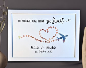 Geldgeschenk zur Hochzeit | Hochzeitsgeschenk personalisiert | Bilderrahmen mit Weltkarte für Brautpaare | Geschenk für Reiseliebhaber