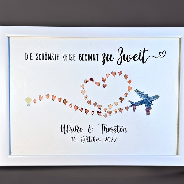 Geldgeschenk zur Hochzeit | Hochzeitsgeschenk personalisiert | Bilderrahmen mit Weltkarte für Brautpaare | Geschenk für Reiseliebhaber