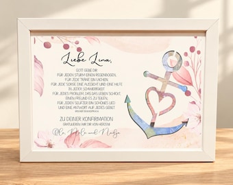 Könnte beinhalten: Ein weiß gerahmter Druck mit einem Segensspruch zur Konfirmation, verziert mit rosa Blumenillustrationen und einer Ankergrafik mit Herzform. Der Text enthält den Namen Lina sowie einen persönlichen Glückwunsch.