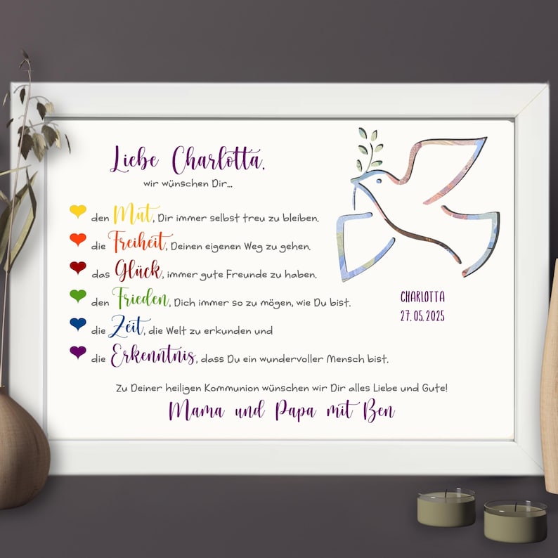 Personalized money gift for First Communion | Gift for Holy Communion | Gift idea with name | Communion gift for godchild + Bilderrahmen weiß
