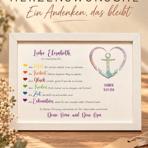 May include: A white framed print featuring the text 'Liebe Elisabeth' and a list of wishes marked by colorful hearts. On the right, a watercolor-style anchor is shaped into a heart with the name 'ELISABETH' and the date '18.04.2026' below it.