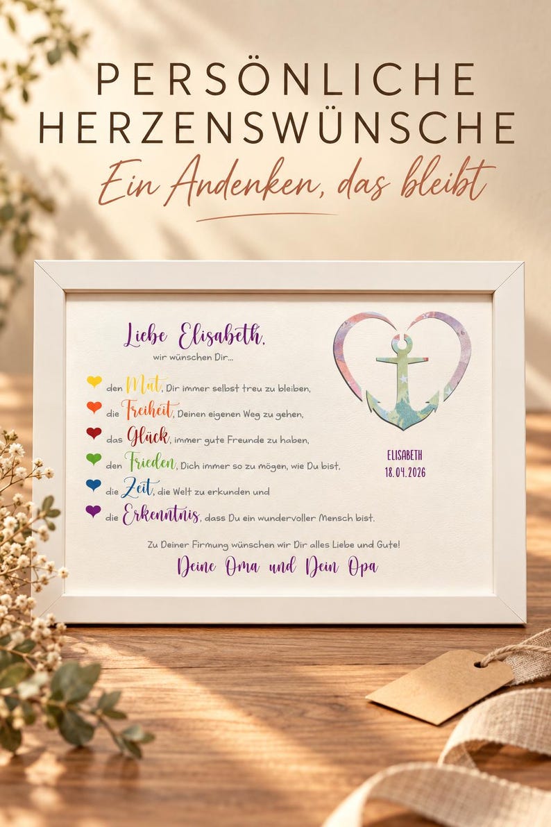 May include: A white framed print featuring the text 'Liebe Elisabeth' and a list of wishes marked by colorful hearts. On the right, a watercolor-style anchor is shaped into a heart with the name 'ELISABETH' and the date '18.04.2026' below it.