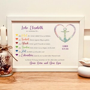 May include: A white framed print featuring the German text 'Liebe Elisabeth' and a list of wishes next to a heart-shaped anchor graphic. The design includes colorful hearts, the name 'Elisabeth', and the date '18.04.2026' in a clean, modern layout.