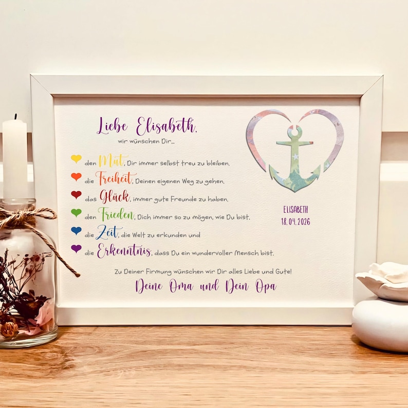 May include: A white framed print featuring the German text 'Liebe Elisabeth' and a list of wishes next to a heart-shaped anchor graphic. The design includes colorful hearts, the name 'Elisabeth', and the date '18.04.2026' in a clean, modern layout.